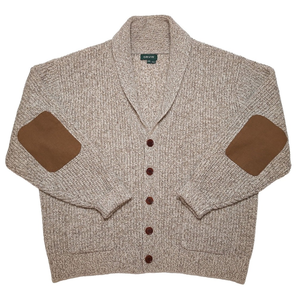 ORVIS Cardigan Sweater Wool Mens XXL Tan Excellent 9H6Y Elbow Patch Shawl Neck